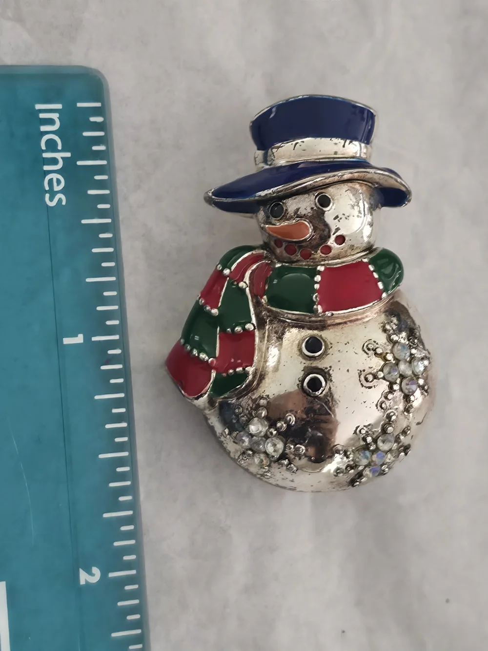 Vintage Festive Snowman Brooch with Blue Hat and Red-Green Scarf